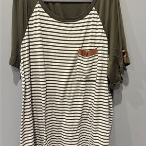 BloomChic Olive and White Striped Tee with Pocket